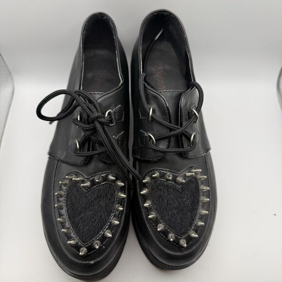 Demonia Shoes - Demonia Size 8 Black Studded Heart Shoes Gothic Punk Lace-Up Platforms Vegan